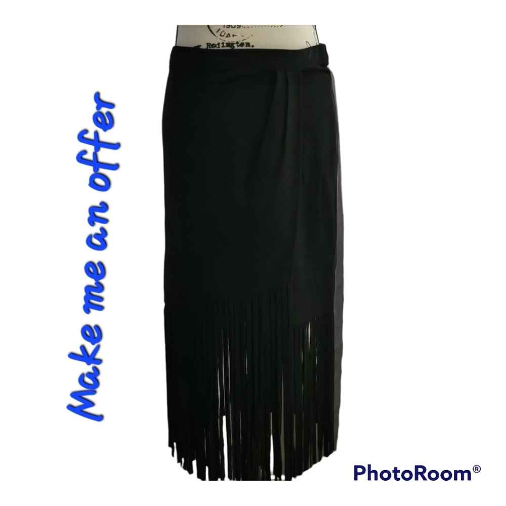 TESORO MODA fringe faux vegan suede unlined fitted zip skirt